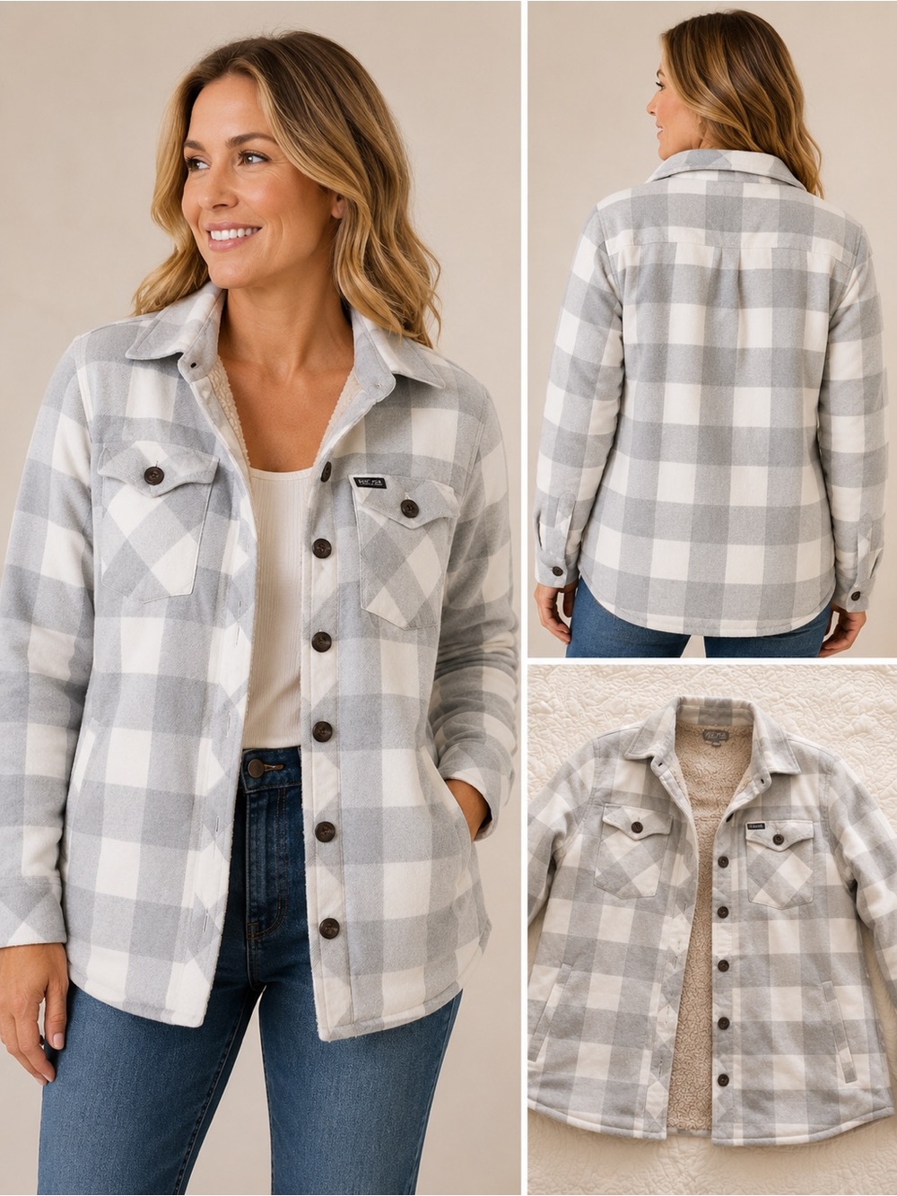 Yee Yee Plaid Sherpa-Lined Utility Jacket in Grey & White Medium